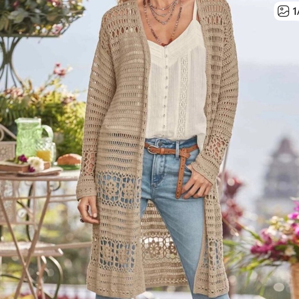 Sundance Sofia Crochet Cardigan Duster‎ Boho Lace Knit Cream Medium